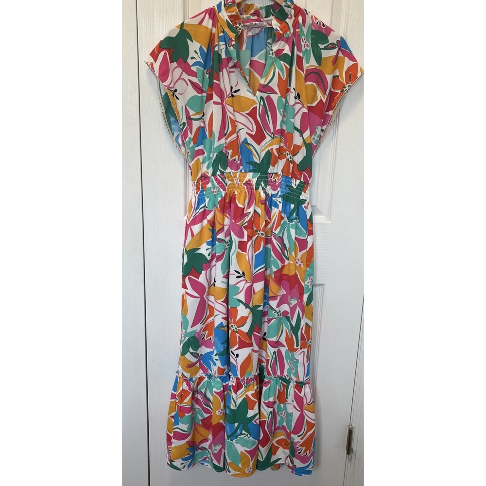 THML White Floral Frill V-Neck Smocked Waist Short Sleeve Maxi Dress Small Boho